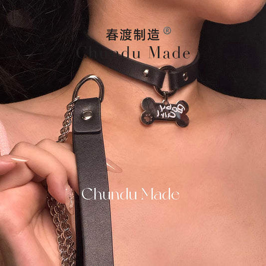 Original design "cute dog" leather cowhide collar puppy bone tag DIY