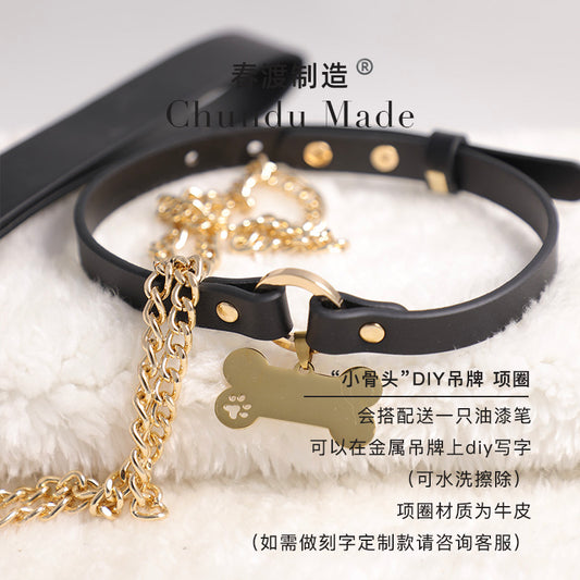 Original design "cute dog" leather cowhide collar puppy bone tag DIY